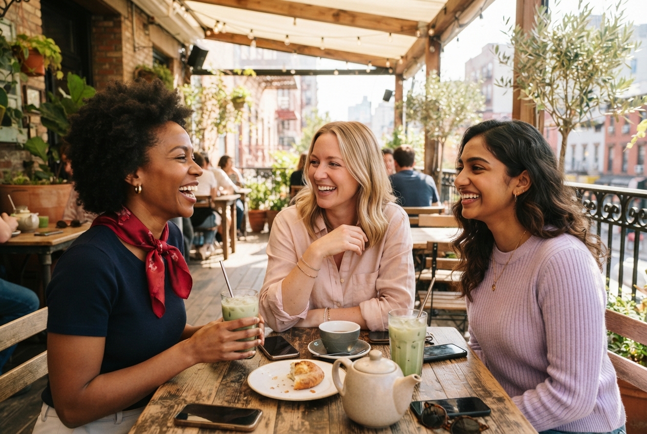 Confident young women in conversation in a bright studio space